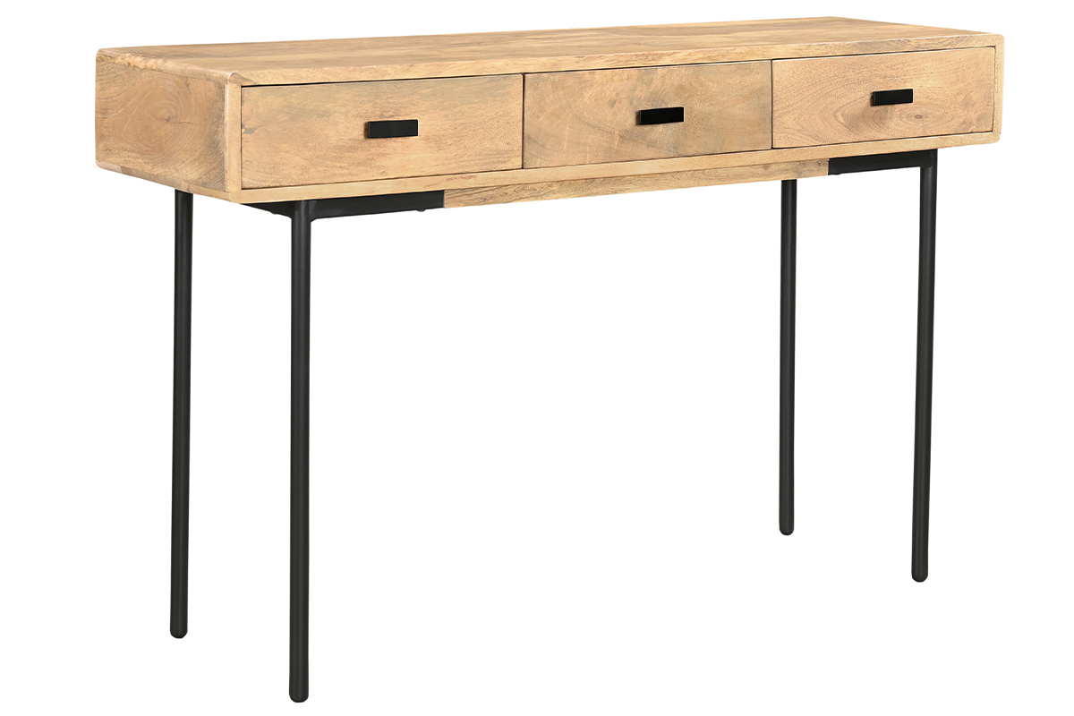 Console avec rangements 3 tiroirs en bois manguier massif et mtal noir L120 cm JUDE