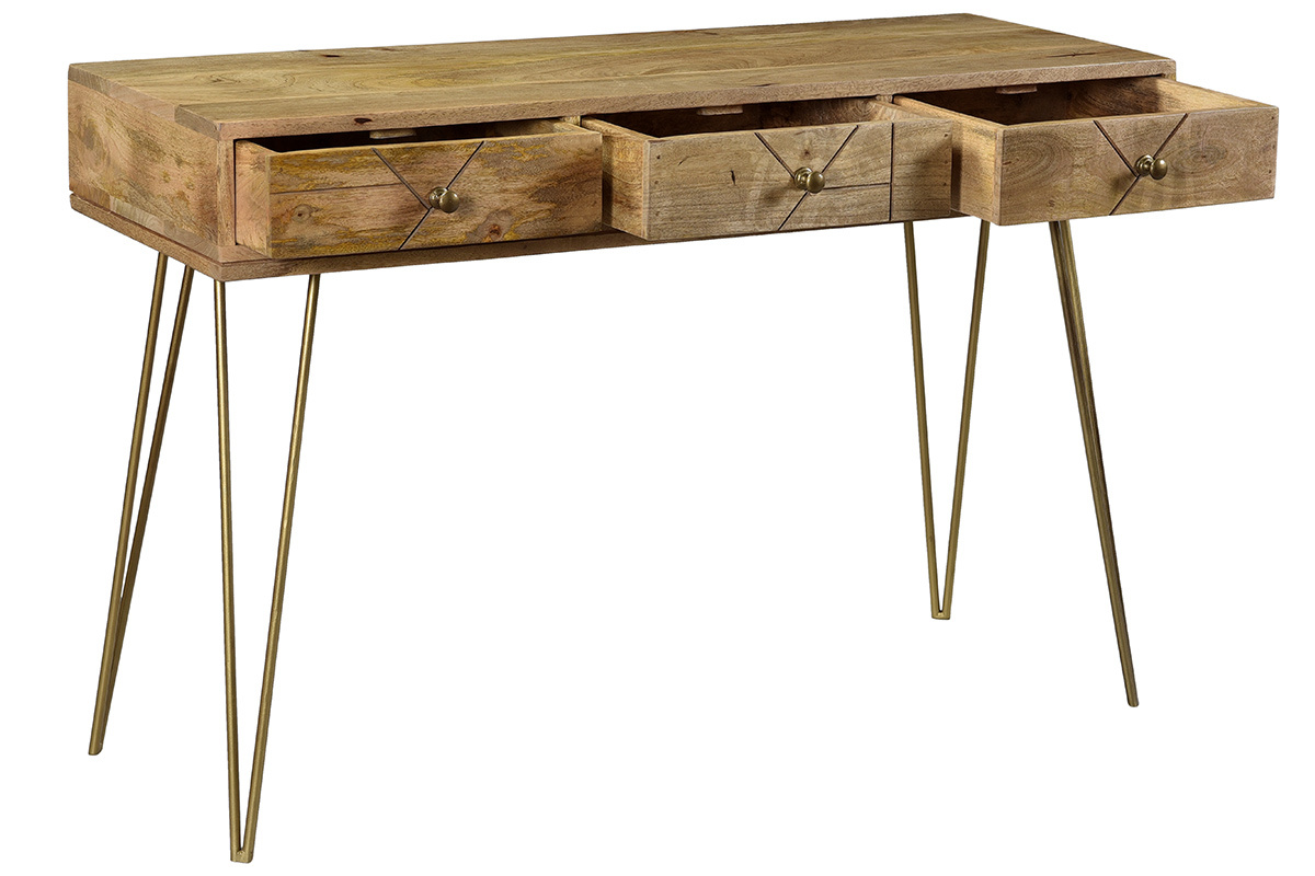 Console avec rangements 3 tiroirs en bois manguier massif grav et mtal dor L120 cm LINIUM