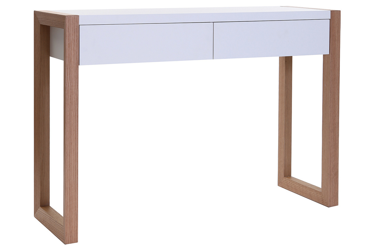 Console design avec rangements 2 tiroirs blanche et bois clair chne 2 tiroirs L120 cm ARMEL