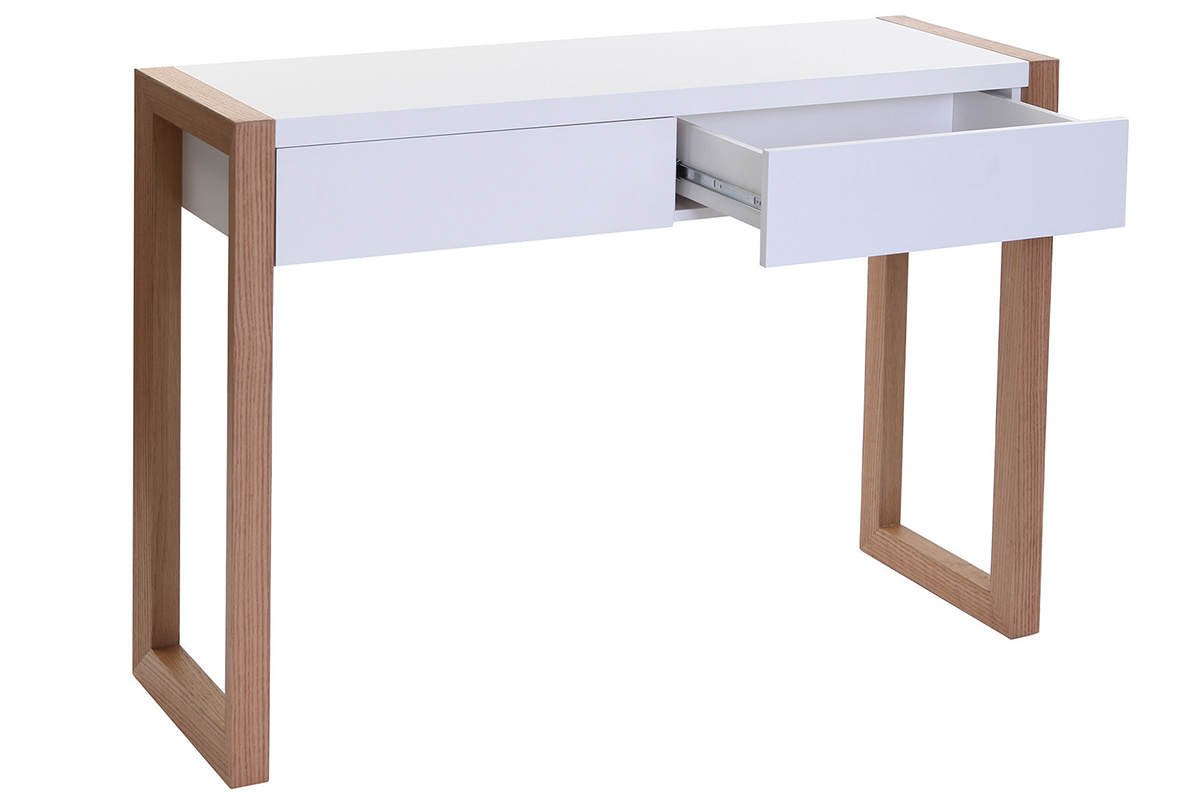 Console design avec rangements 2 tiroirs blanche et bois clair chne 2 tiroirs L120 cm ARMEL