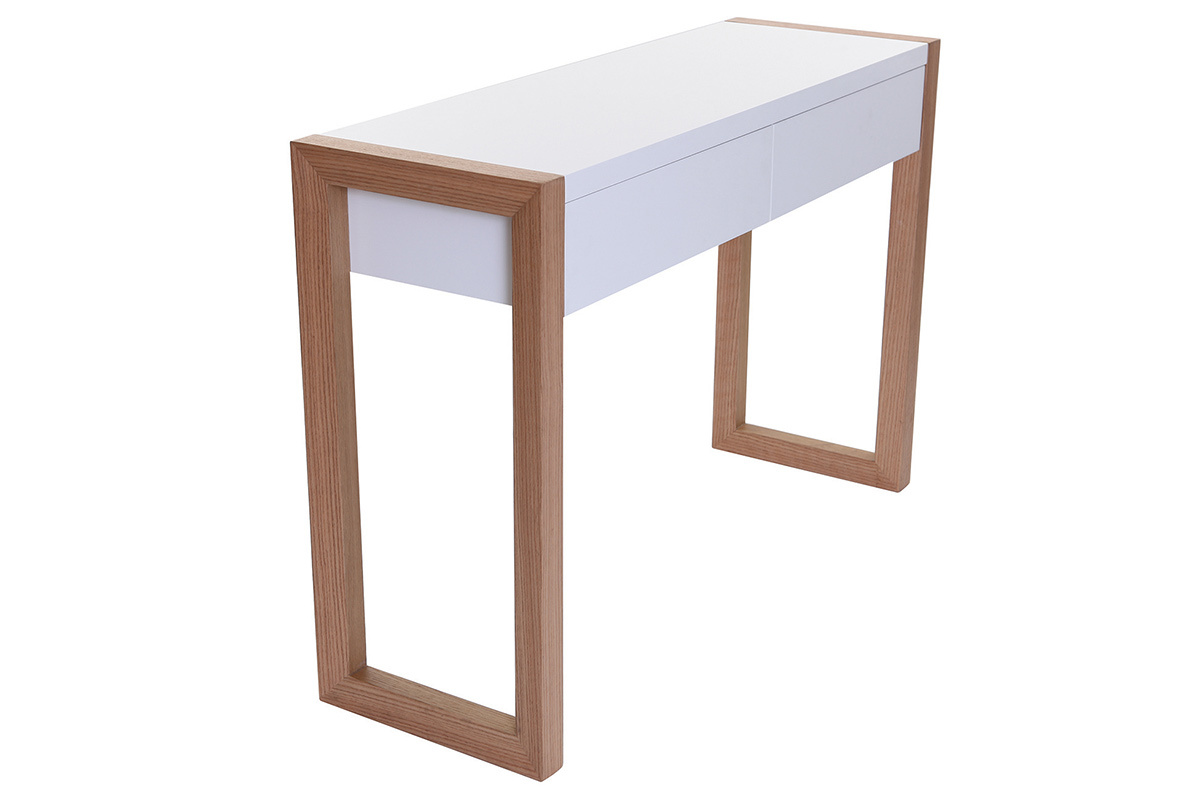 Console design avec rangements 2 tiroirs blanche et bois clair chne 2 tiroirs L120 cm ARMEL