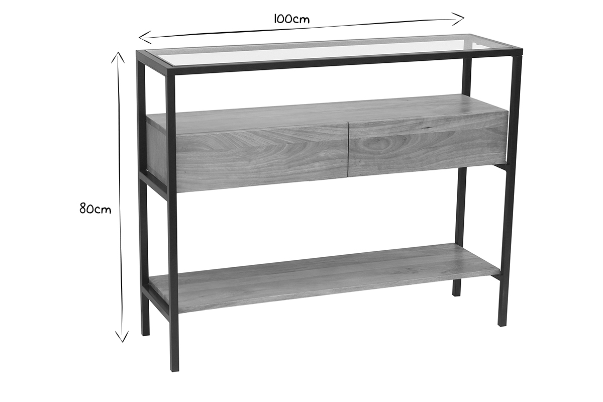 Console en bois manguier massif et plateau en verre 2 tiroirs L100 cm SITA