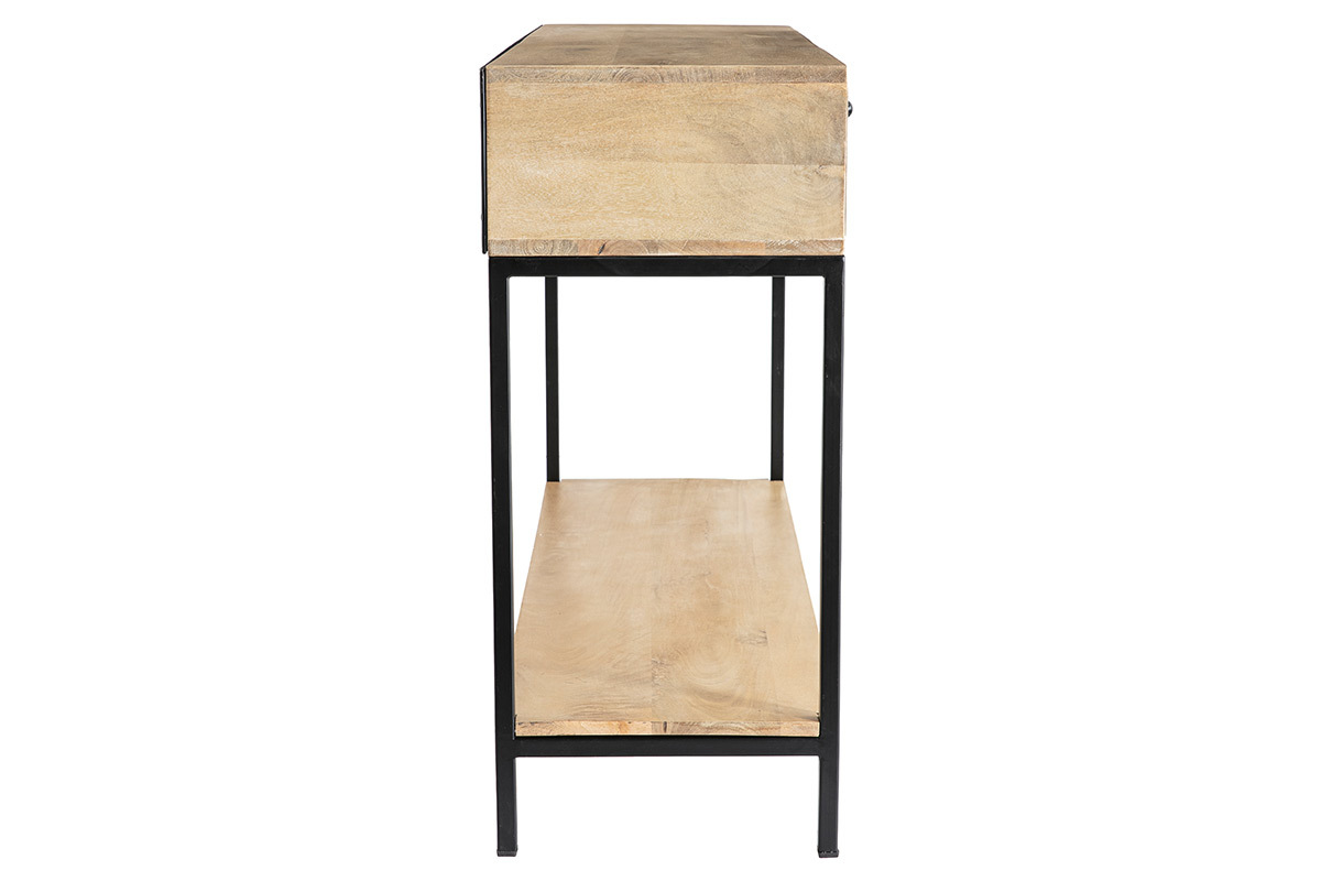 Console industrielle avec rangements 1 tiroir et 1 niche en bois clair manguier massif et mtal noir L110 cm RACK