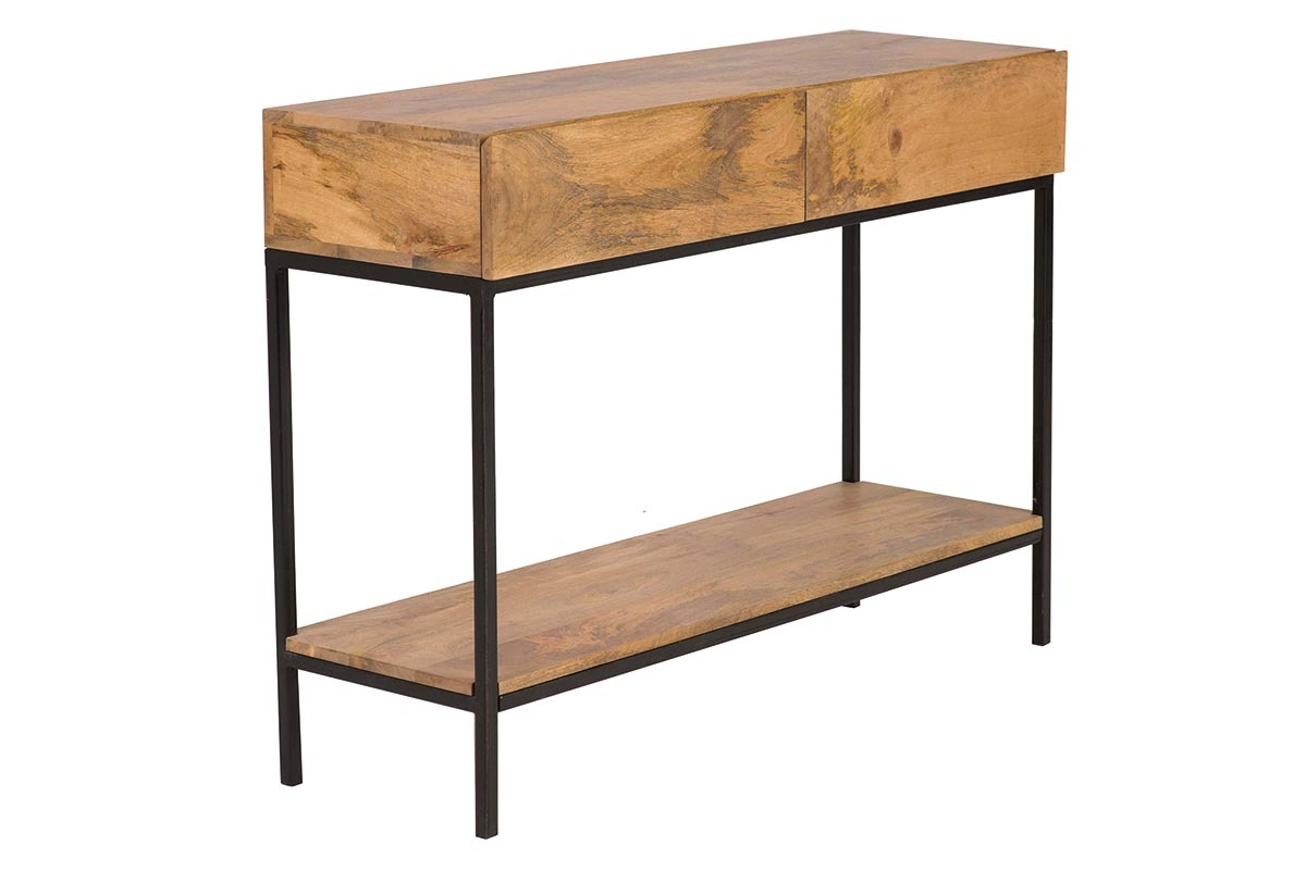 Console industrielle avec rangements 2 tiroirs en bois manguier massif et mtal noir L110 cm YPSTER