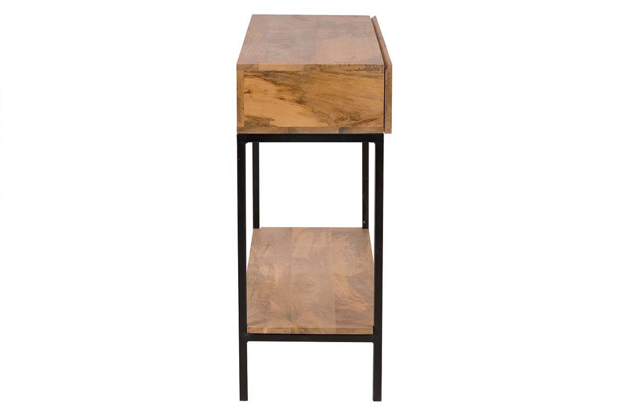 Console industrielle avec rangements 2 tiroirs en bois manguier massif et mtal noir L110 cm YPSTER