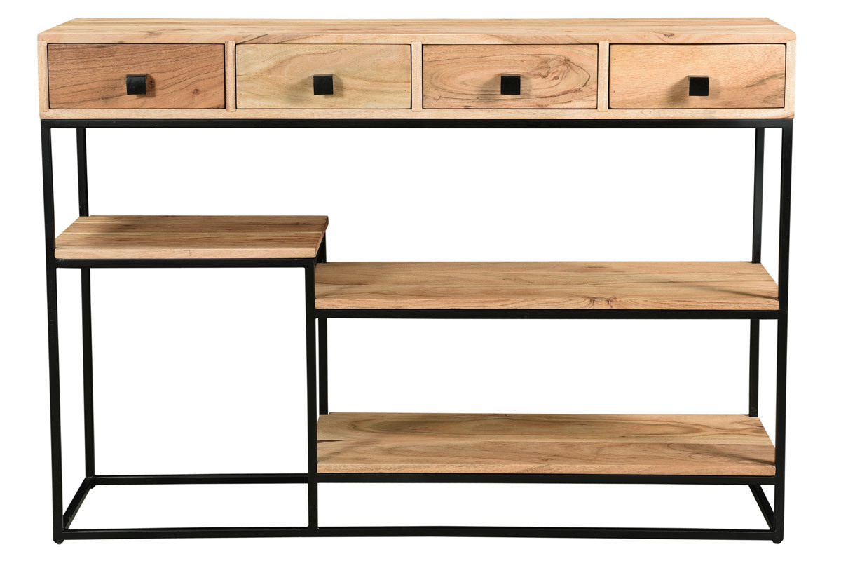 Console industrielle avec rangements 4 tiroirs en bois massif et mtal noir L115 cm GRENELLE