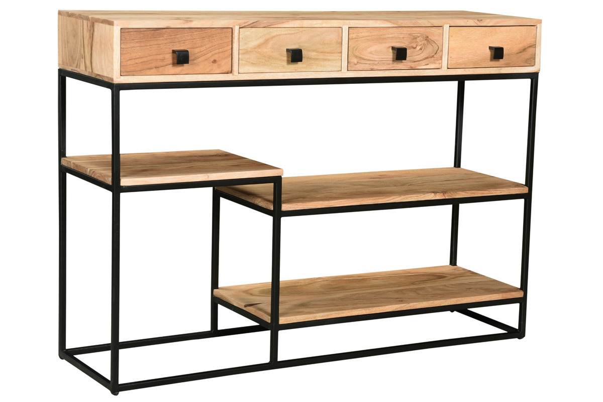 Console industrielle avec rangements 4 tiroirs en bois massif et mtal noir L115 cm GRENELLE