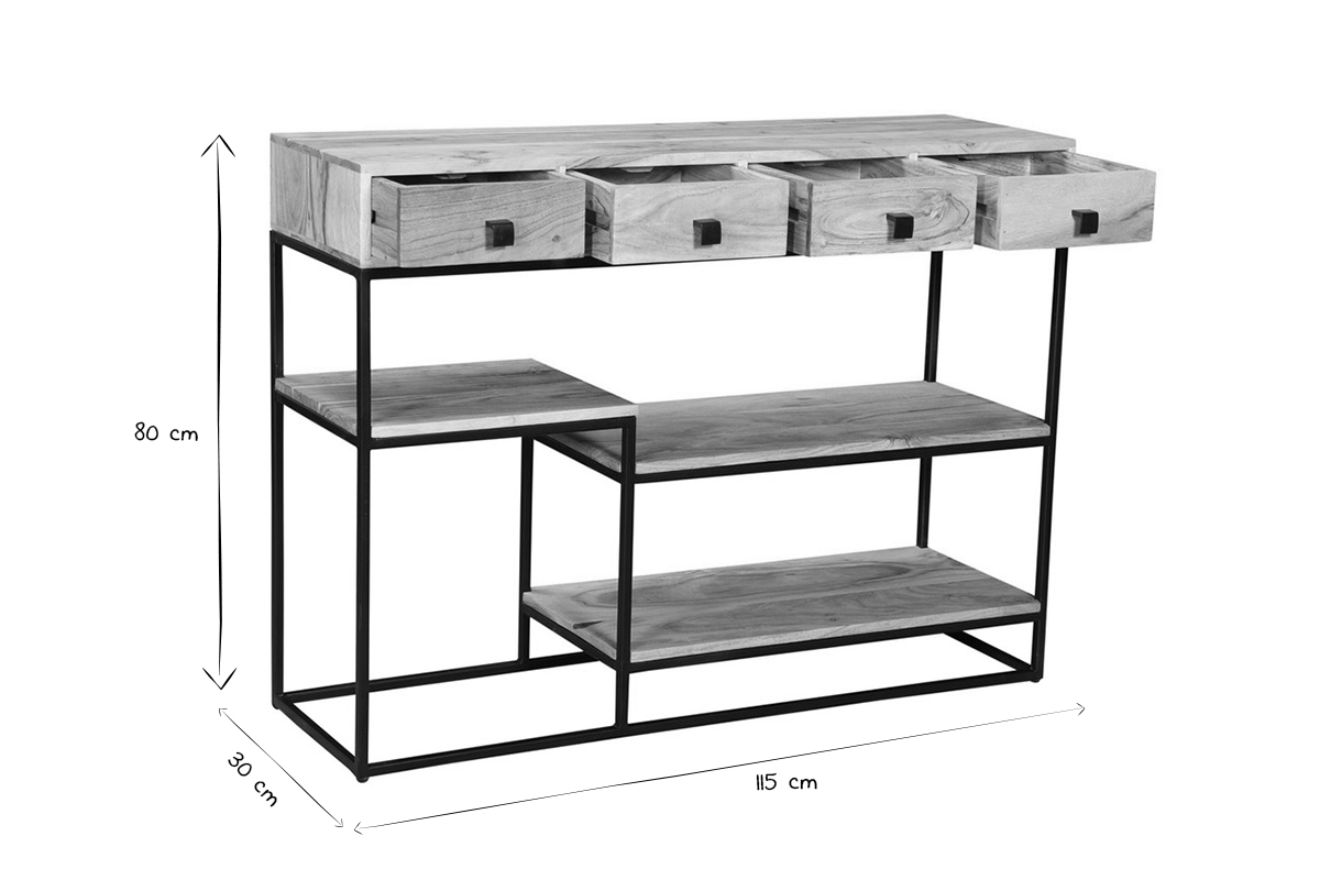 Console industrielle avec rangements 4 tiroirs en bois massif et mtal noir L115 cm GRENELLE