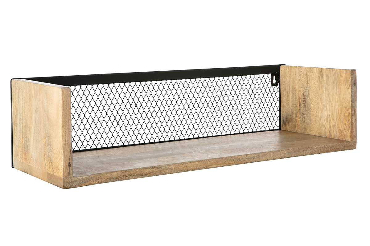 tagre murale industrielle en bois manguier massif et mtal noir L60 cm RACK