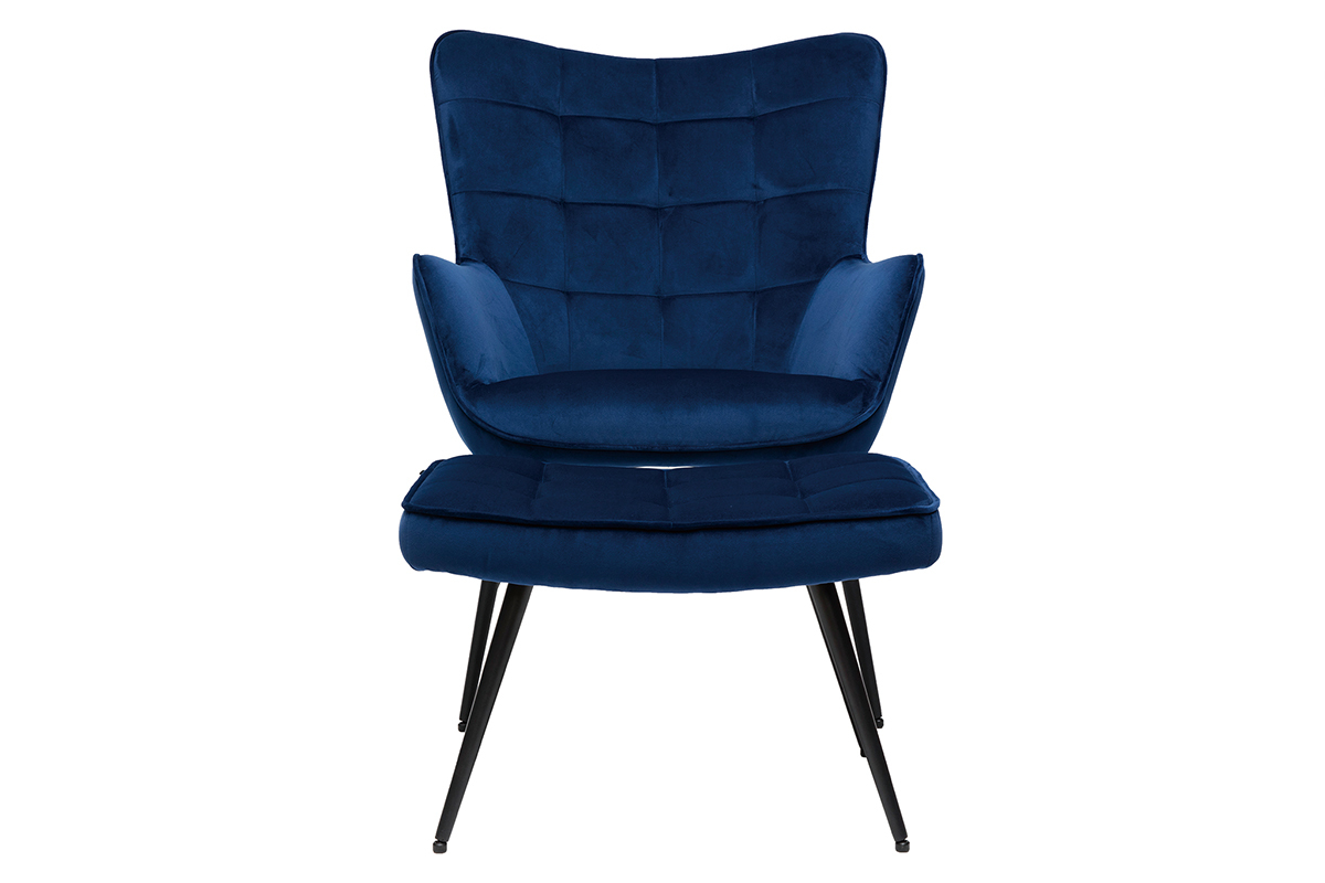 Fauteuil avec repose-pieds design en tissu velours bleu fonc et mtal noir MOOD