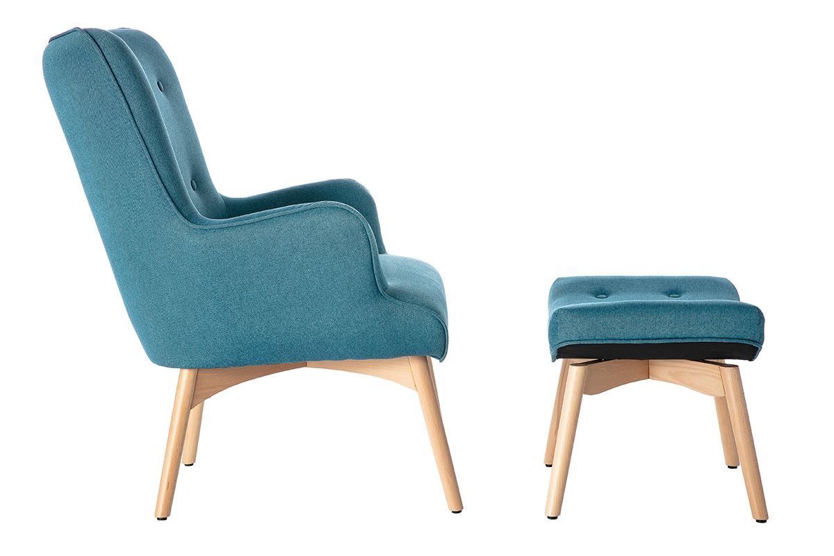 Fauteuil avec repose-pieds scandinave en tissu bleu canard et bois clair BRISTOL