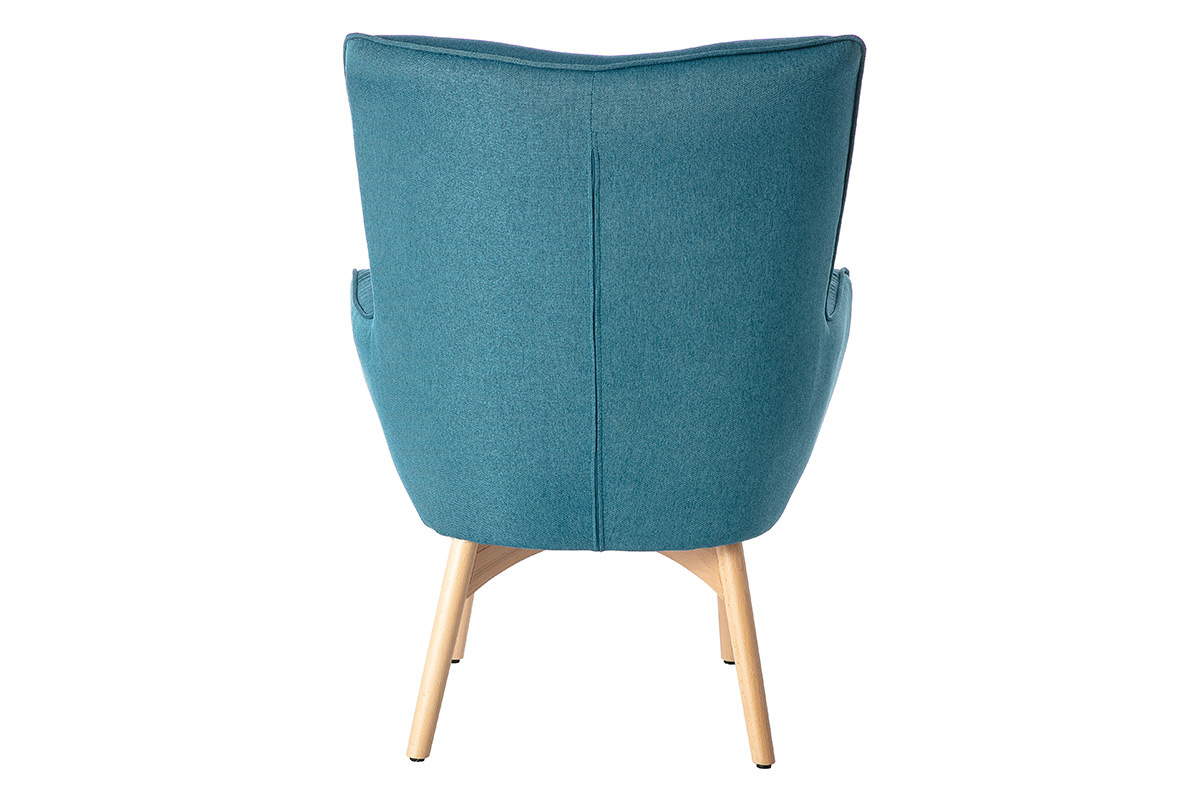 Fauteuil avec repose-pieds scandinave en tissu bleu canard et bois clair BRISTOL