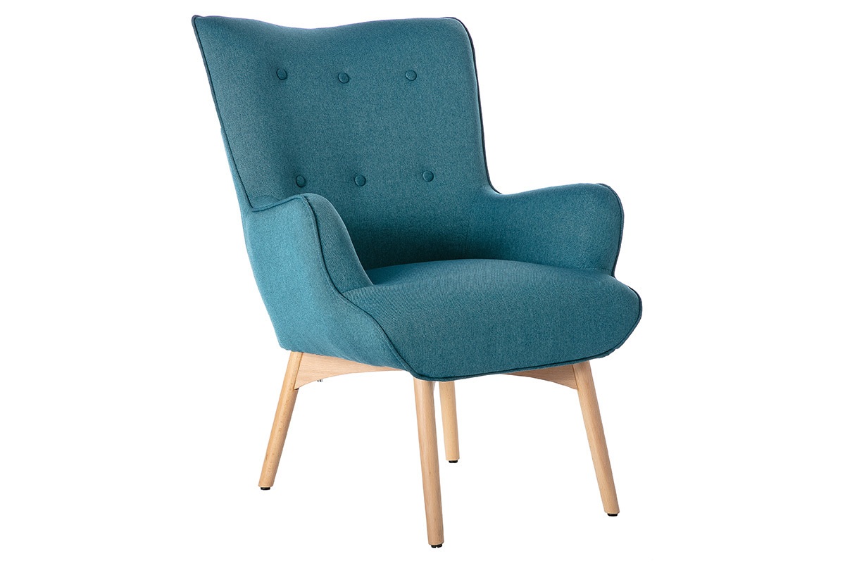 Fauteuil avec repose-pieds scandinave en tissu bleu canard et bois clair BRISTOL