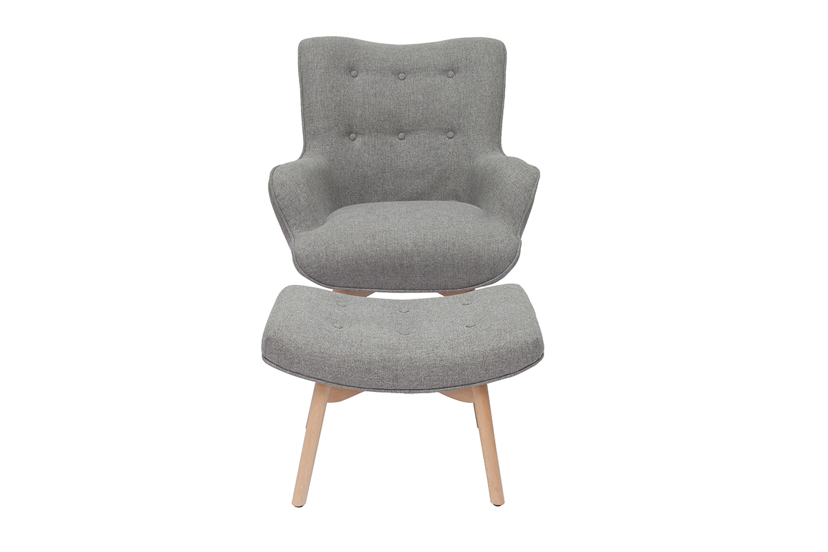 Fauteuil avec repose-pieds scandinave en tissu gris clair et bois clair BRISTOL