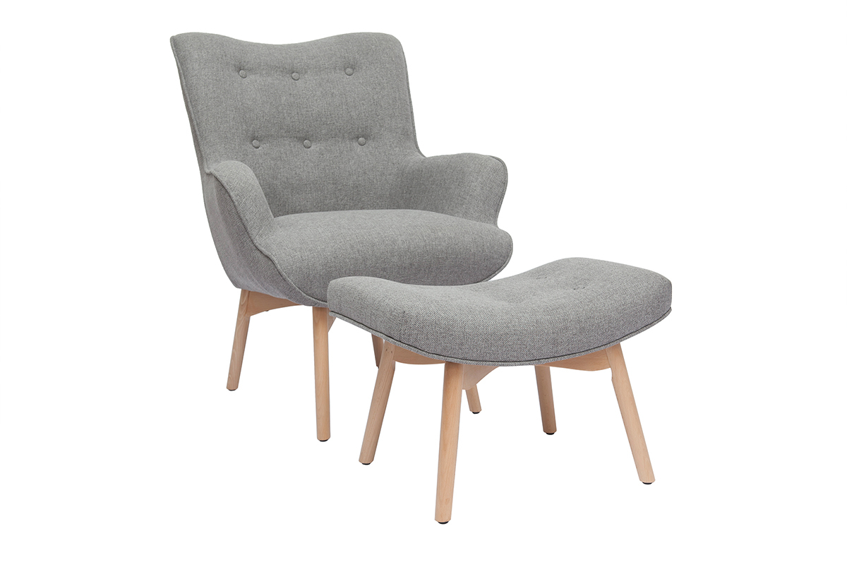 Fauteuil avec repose-pieds scandinave en tissu gris clair et bois clair BRISTOL