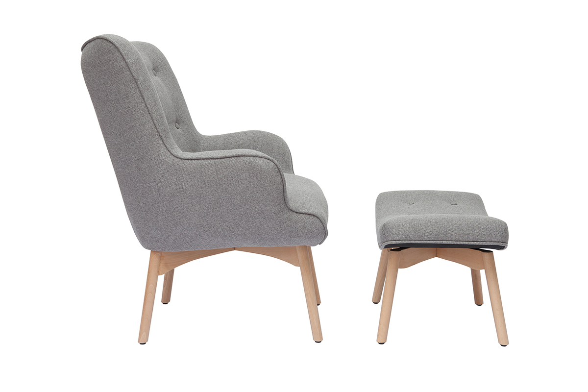 Fauteuil avec repose-pieds scandinave en tissu gris clair et bois clair BRISTOL