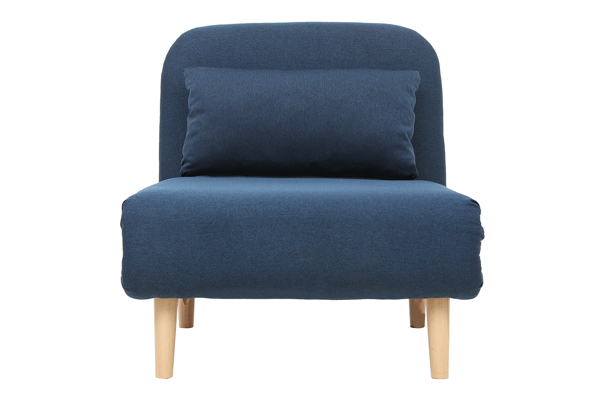 Fauteuil convertible scandinave en tissu bleu fonc et bois clair AMIKO