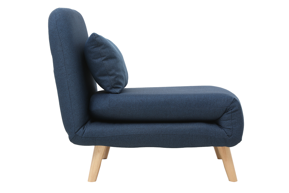 Fauteuil convertible scandinave en tissu bleu fonc et bois clair AMIKO