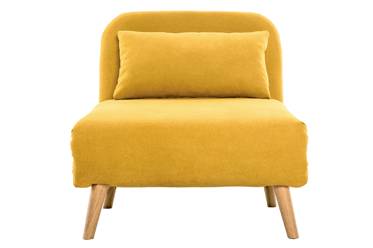 Fauteuil convertible scandinave en tissu effet velours jaune moutarde et bois clair AMIKO