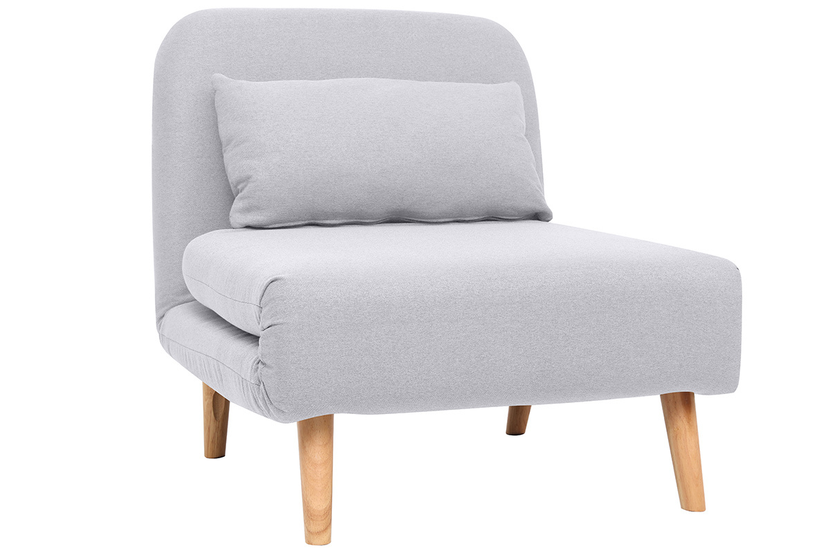 Fauteuil convertible scandinave en tissu gris clair et bois clair AMIKO