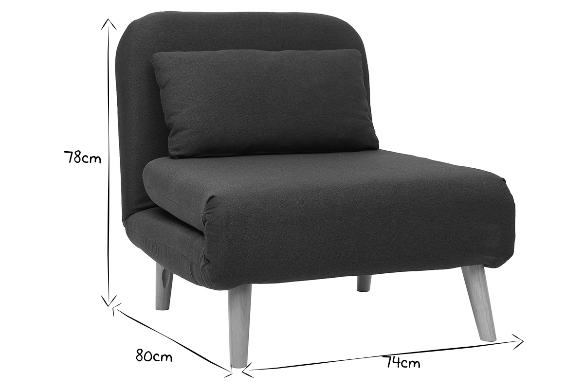 Fauteuil convertible scandinave en tissu gris fonc et bois noir AMIKO