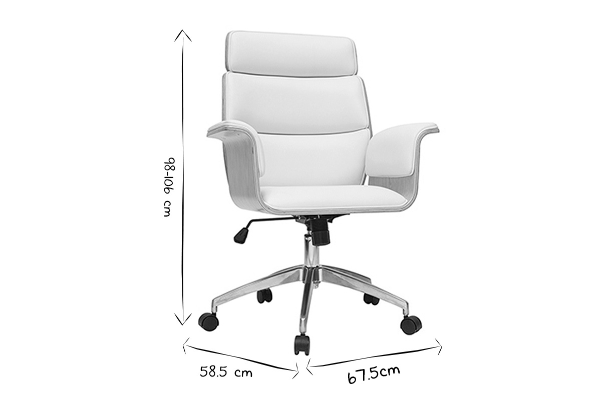 Fauteuil de bureau  roulettes design blanc, bois clair et acier chrom ELON