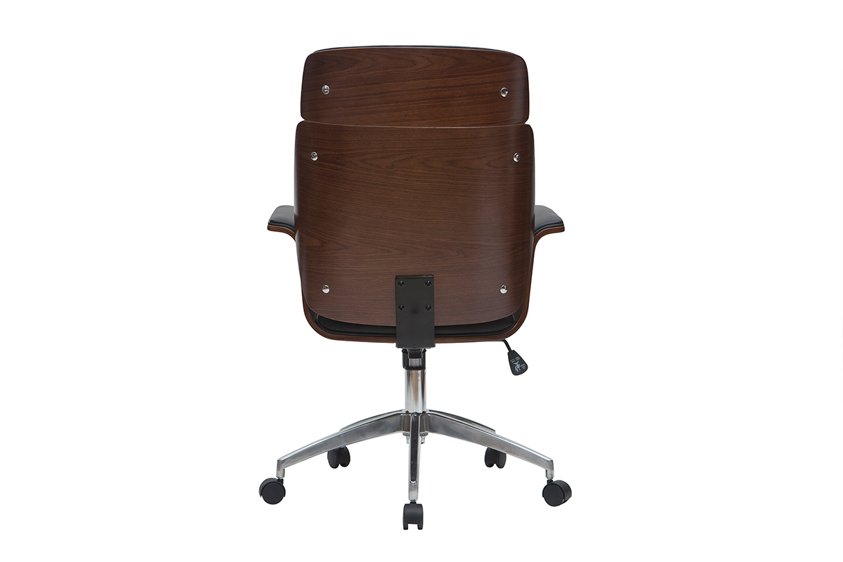 Fauteuil de bureau  roulettes design noir, bois fonc noyer et acier chrom ELON