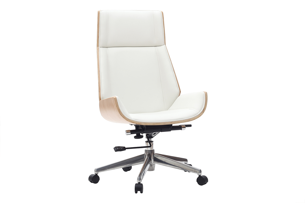 Fauteuil de bureau de direction design blanc, bois clair et acier chrom CURVED