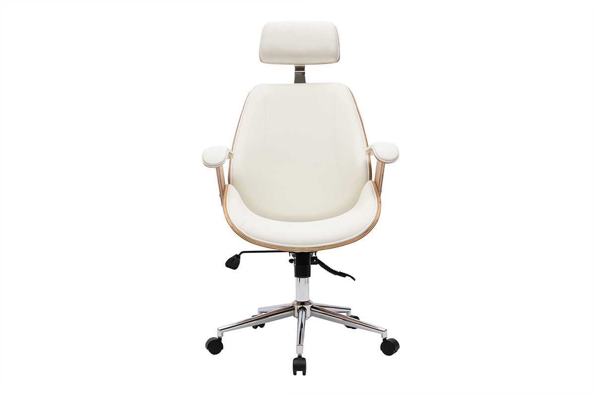 Fauteuil de bureau de direction design blanc, bois clair et acier chrom MUSK