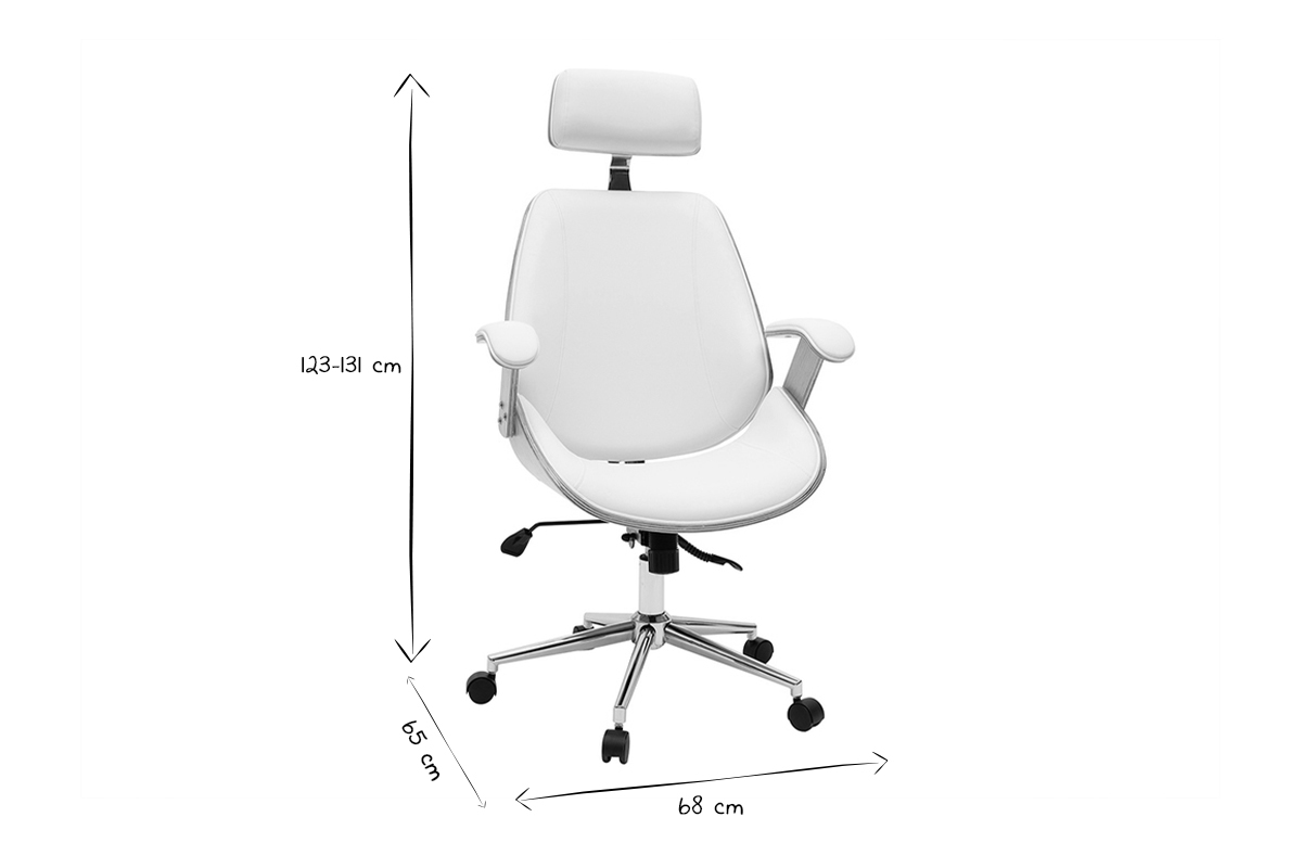 Fauteuil de bureau de direction design blanc, bois clair et acier chrom MUSK