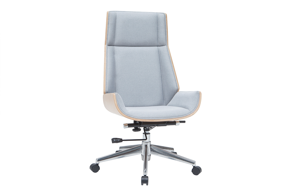 Fauteuil de bureau de direction design en tissu gris clair, bois clair et acier chrom CURVED