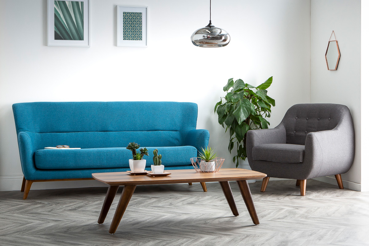 Fauteuil dhoussable en tissu bleu fonc et bois fonc YNOK