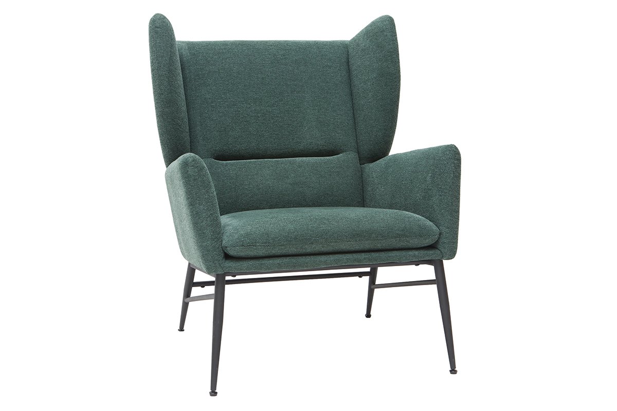 Fauteuil design en tissu effet velours textur vert et mtal noir COME