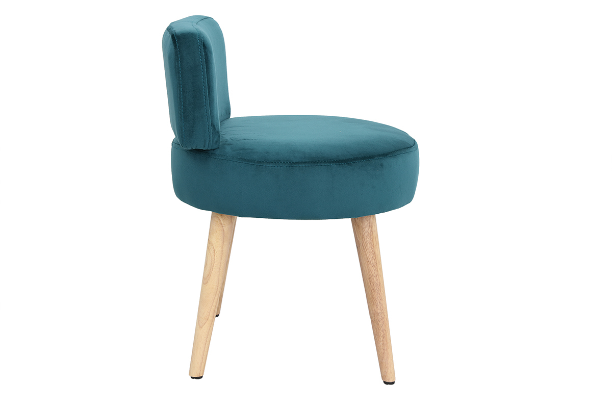 Fauteuil design en tissu velours bleu canard et bois clair TANAKA