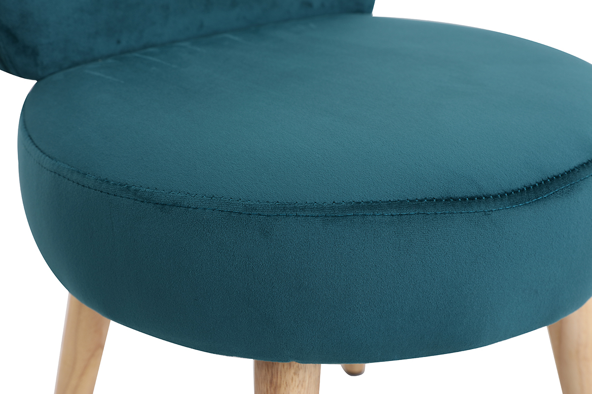 Fauteuil design en tissu velours bleu canard et bois clair TANAKA