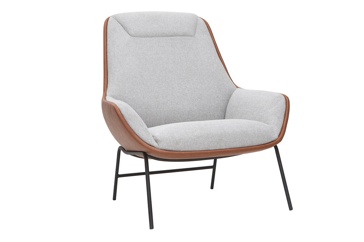 Fauteuil design marron avec tissu effet velours textur gris et mtal noir MARCEAU