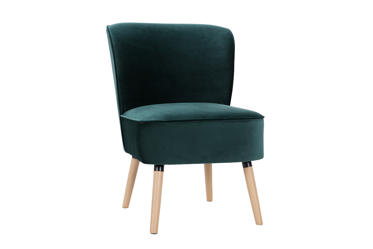 Fauteuil en tissu velours bleu ptrole et bois clair KAHLO