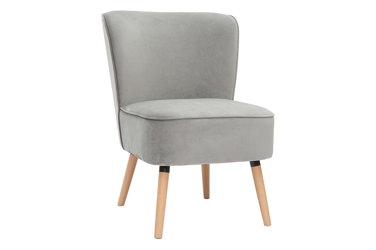 Fauteuil en tissu velours gris clair et bois clair KAHLO