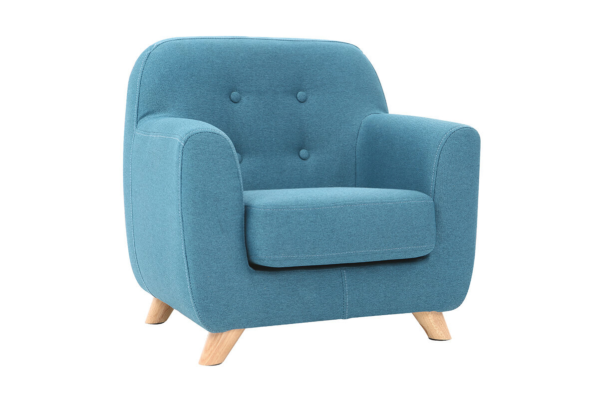 Fauteuil enfant scandinave en tissu bleu canard et bois clair NORKID