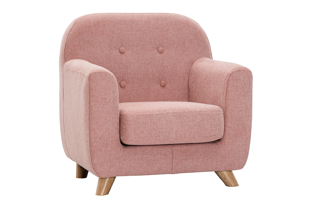 Fauteuil enfant scandinave en tissu effet velours textur rose et bois clair NORKID