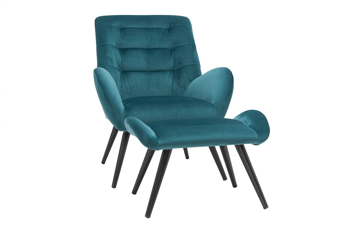 Fauteuil et repose-pieds design en tissu velours bleu ptrole et mtal noir ZOE