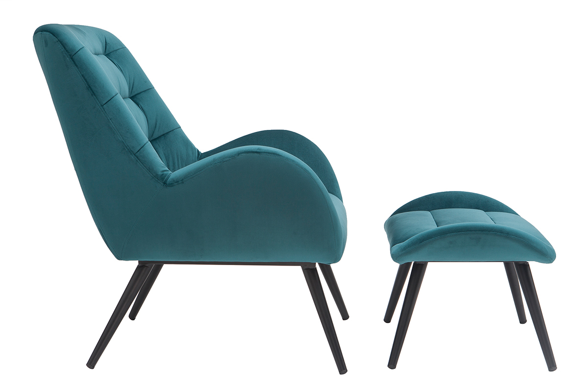 Fauteuil et repose-pieds design en tissu velours bleu ptrole et mtal noir ZOE