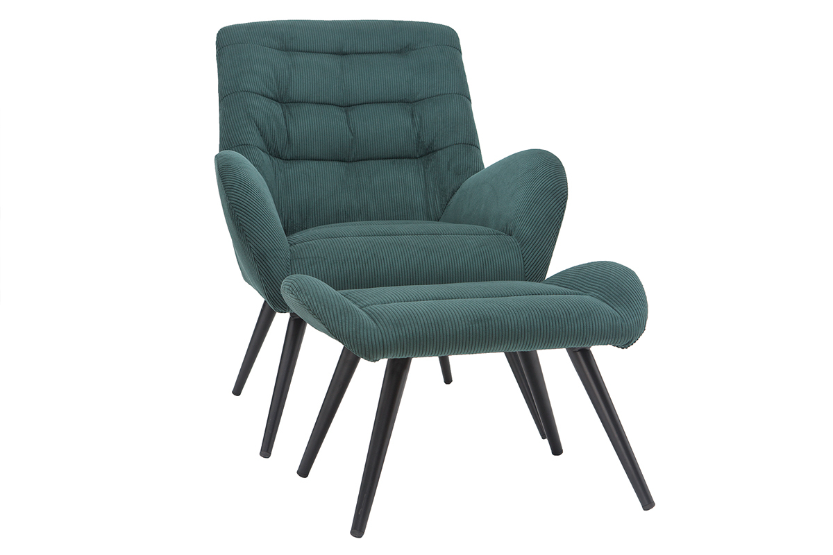 Fauteuil et repose-pieds design en tissu velours ctel vert et mtal noir ZOE