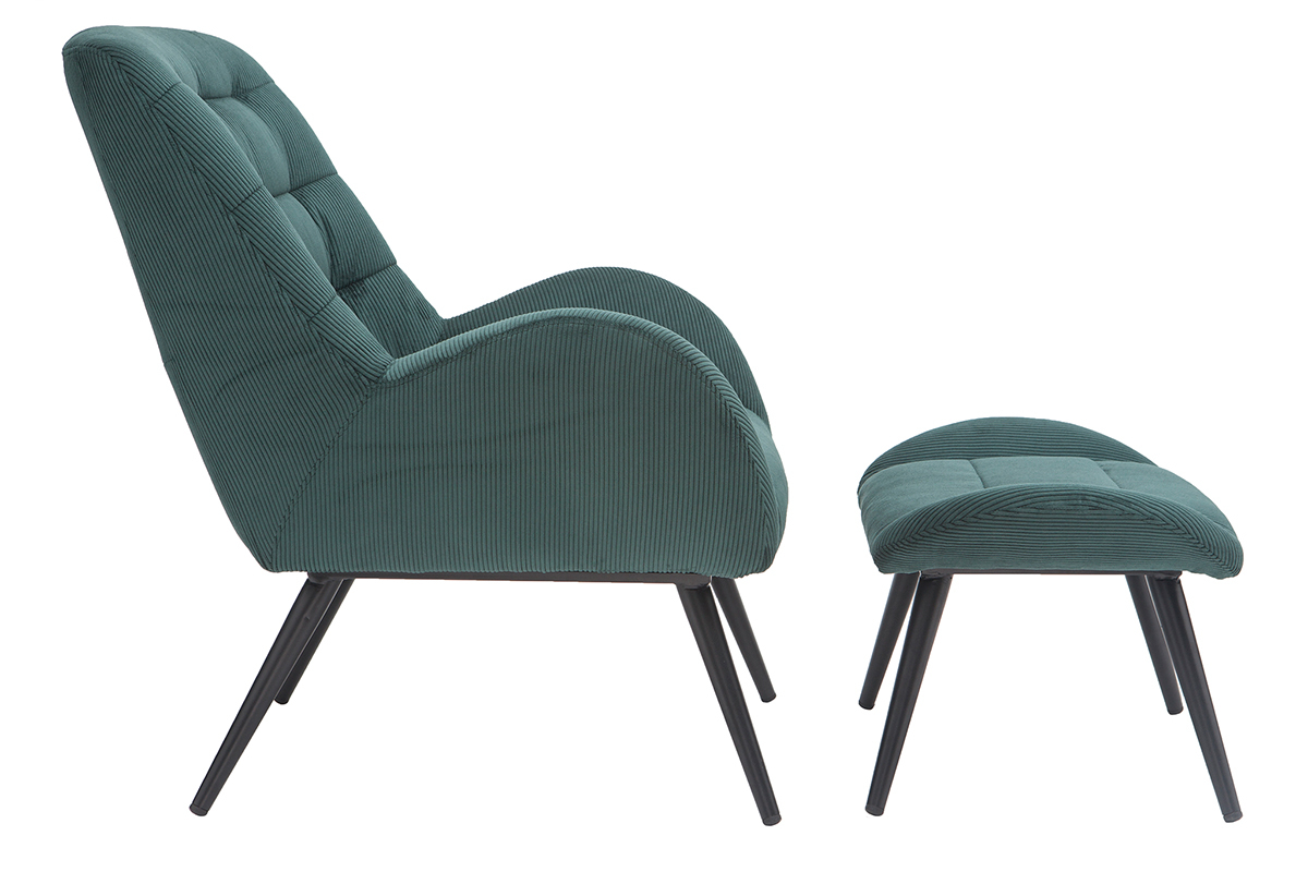 Fauteuil et repose-pieds design en tissu velours ctel vert et mtal noir ZOE