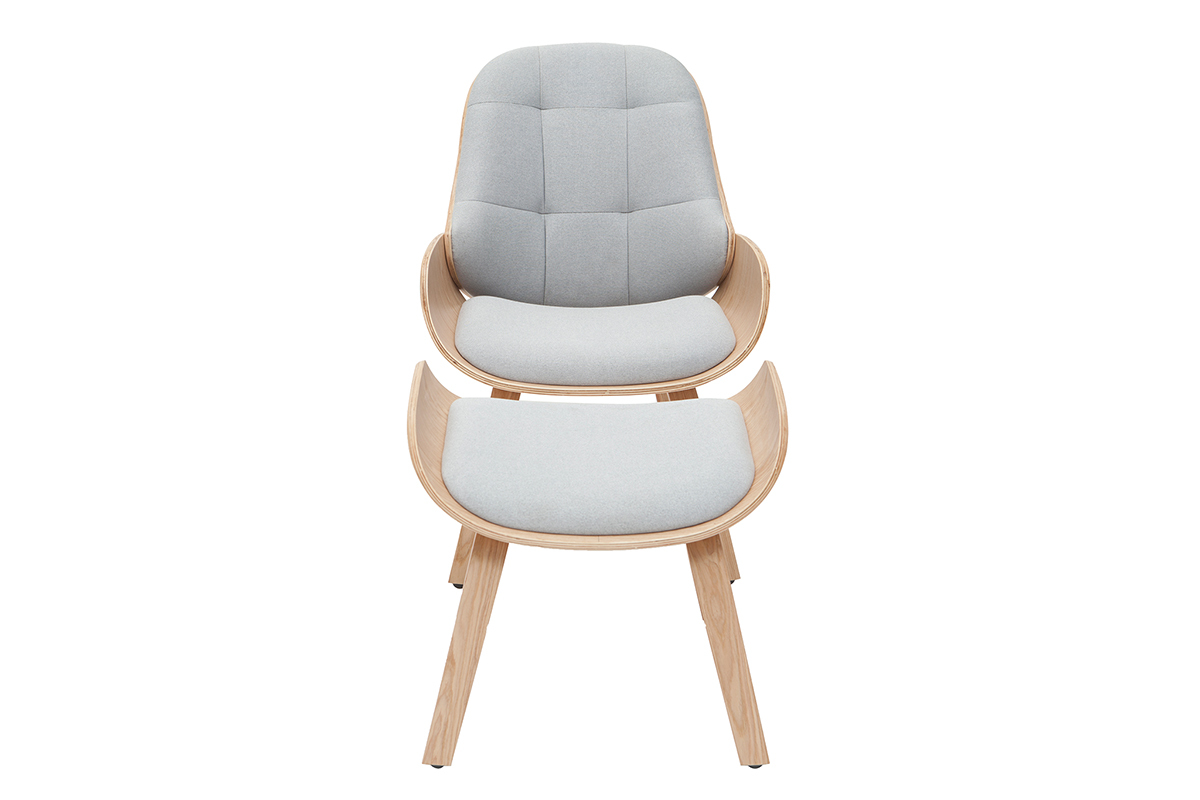 Fauteuil scandinave avec repose-pieds en tissu gris clair et bois clair VIVI