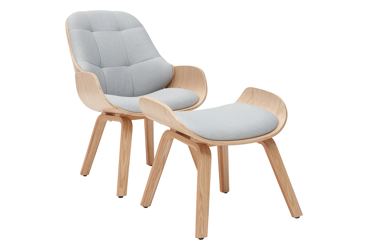 Fauteuil scandinave avec repose-pieds en tissu gris clair et bois clair VIVI