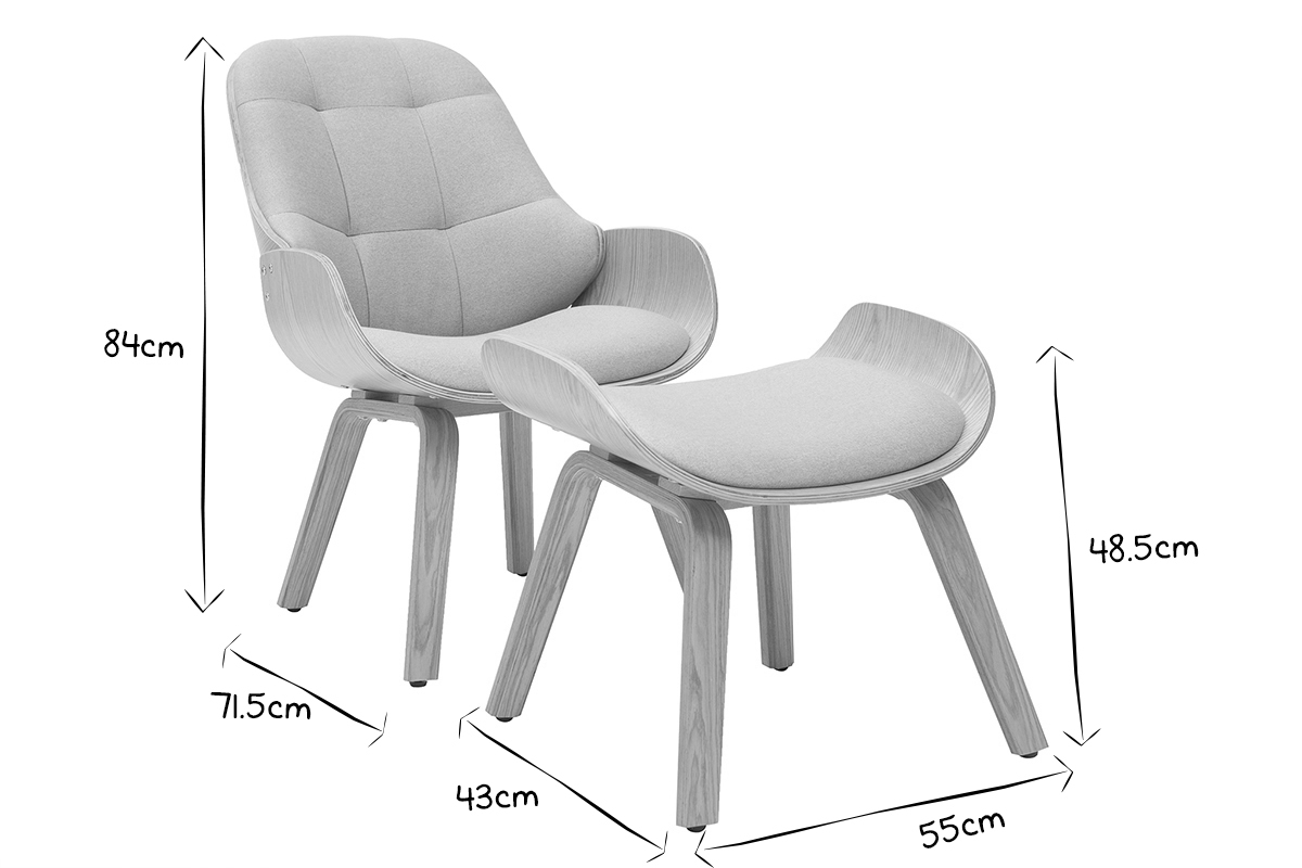 Fauteuil scandinave avec repose-pieds en tissu gris clair et bois clair VIVI