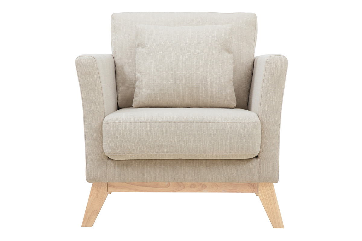 Fauteuil scandinave dhoussable en tissu beige et bois clair OSLO