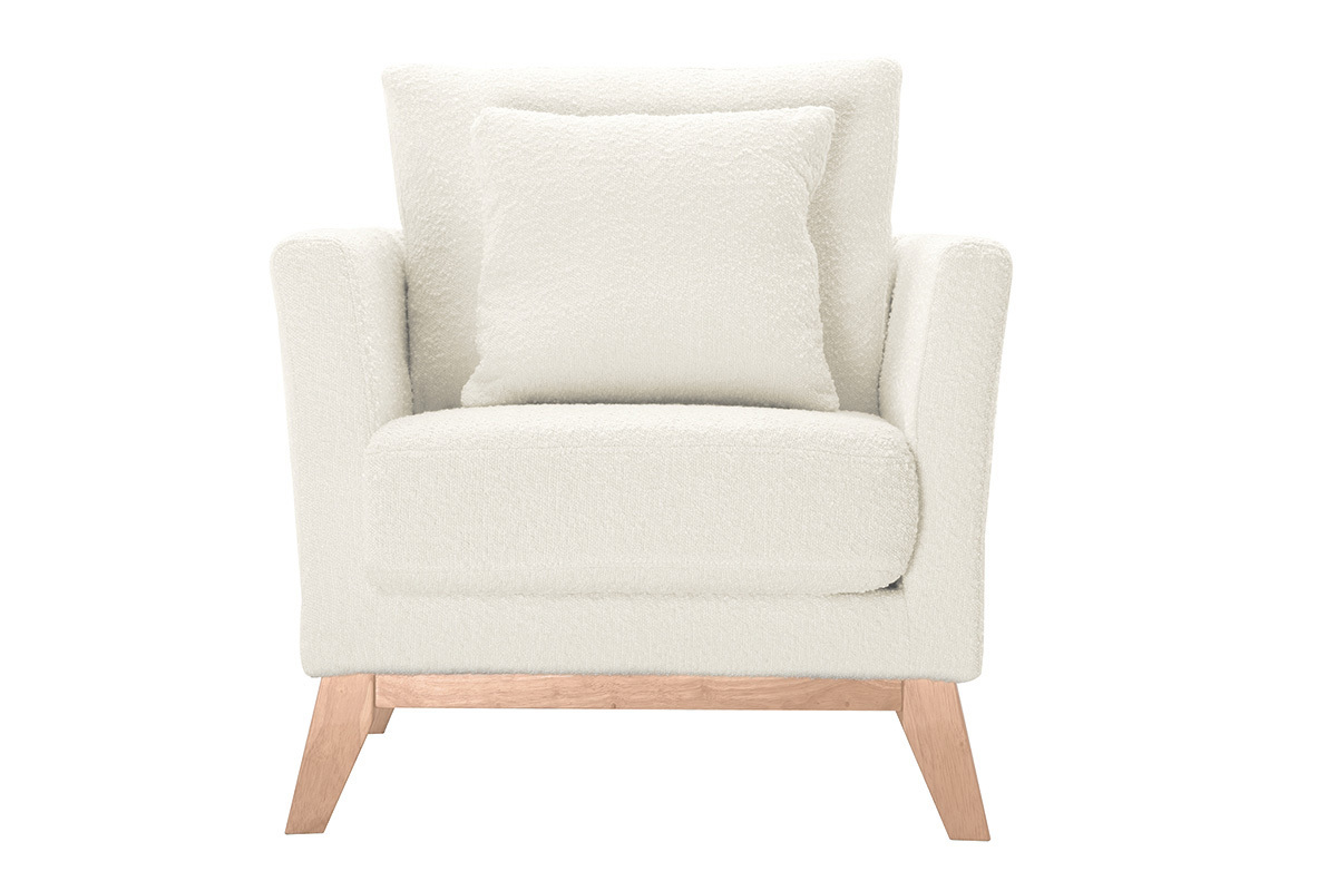 Fauteuil scandinave dhoussable en tissu effet laine boucle blanc cass et bois clair OSLO