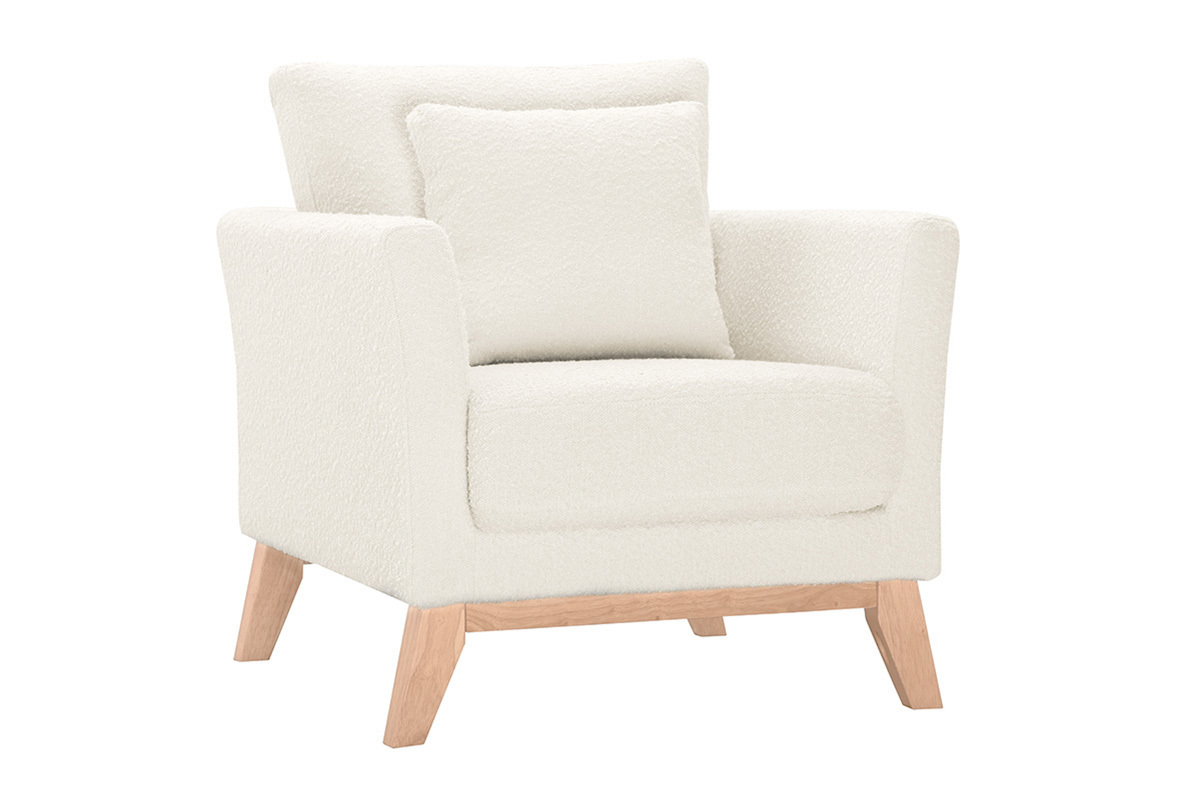 Fauteuil scandinave dhoussable en tissu effet laine boucle blanc cass et bois clair OSLO